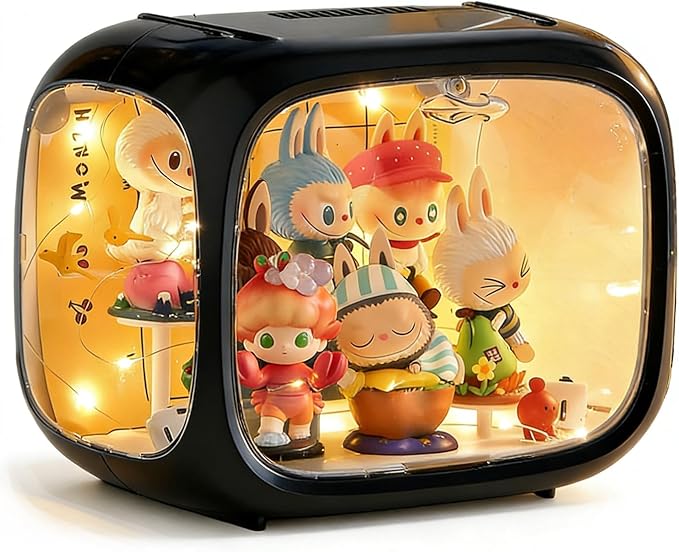Clear Acrylic Display Case for Figures with LED Light, Dustproof & Moistureproof Display Stand with Door, Storage Box for Lego Collectibles, Action Figures, Pop Mart and Model Toys (Black)