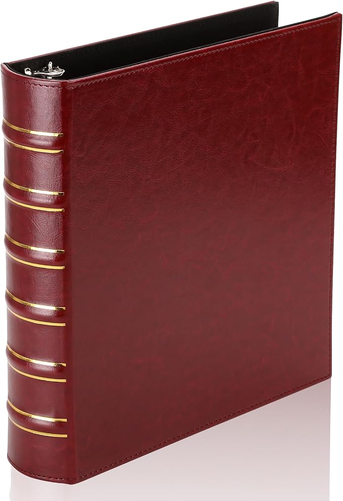 LETVPVOW Vintage Hardback 3 Ring Binder 1.5 Inch, Professional Leather Binder 3 Ring, Three Ring Binders Fits 8.5 x 11, D Ring Binders for Photo Album, Home, School and Office Supplies- Dark Red