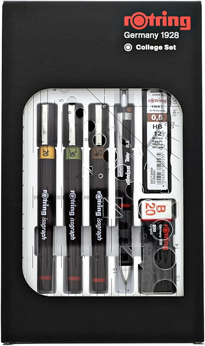 rOtring Isograph Technical Drawing Pen College Set, (0.20, 0.30, 0.50 mm), Includes Pens, Pencil, Eraser, and More - Designed for Precision