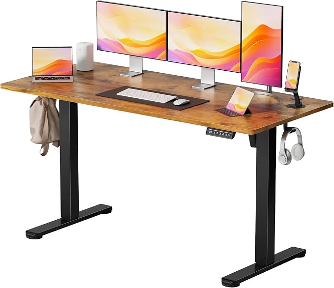 YESHOMY Height Adjustable Electric Standing Desk, 55 x 24 Inches Memory Home Office Sit Stand up Desk with Phone Holder and USB Charging Port, Rustic Brown