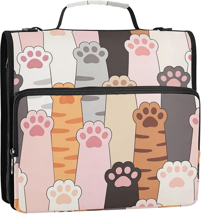 Cute Paw Prints 3 Ring Binder Bag 1.5 inch Binder Organizer with Zipper Shoulder Strap 500 Sheet Documents Storage for School Office