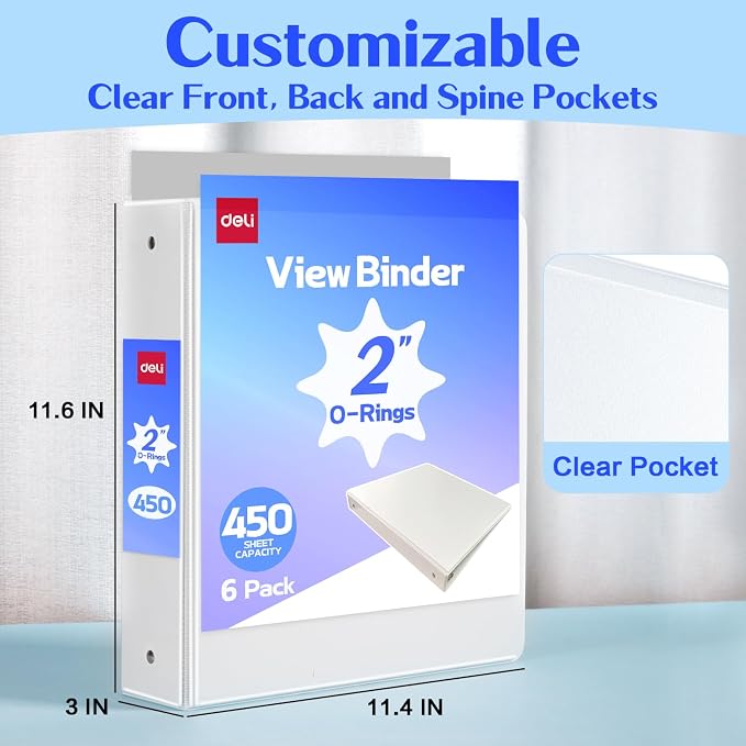 deli 2-inch 3 Ring Binder 6 Pack,11" x 8.5" US Letter Size,White | 2 inch Binders with 2 Interior Pockets, 450 Sheets Capacity