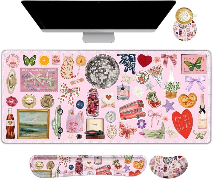 Desk Mat Pad, Gaming Mouse Pad Wrist Support Set, 4 in1 Non-Slip XXL Large Mousepad + Ergonomic Keyboard Wrist Rest+Mouse Wrist Rest+Coaster for Home Office Computer I Pink Colorful Stickers