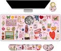 Desk Mat Pad, Gaming Mouse Pad Wrist Support Set, 4 in1 Non-Slip XXL Large Mousepad + Ergonomic Keyboard Wrist Rest+Mouse Wrist Rest+Coaster for Home Office Computer I Pink Colorful Stickers