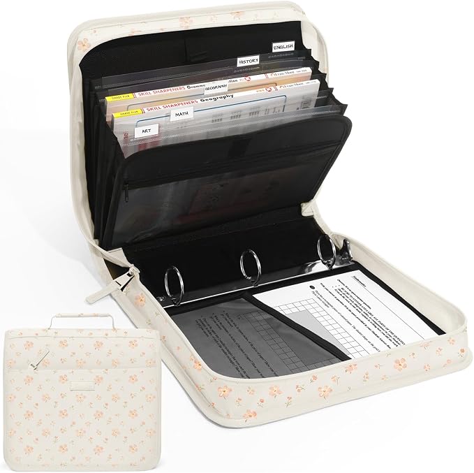 Zipper Binder with Handle, 1.5 Inch O-Ring, 325 Pages Capacity, with 5-Tab Expanding File Folder for Classified Storage, for Middle School Students, Pink Little Flower
