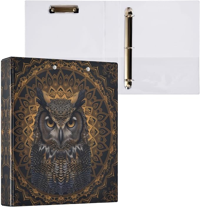 3 Ring Binder Bohemian Ethnic Owl 1.5 Inch Three Ring Binder | Cute Binder with 3 Storage Pockets for Women School Office Supplies