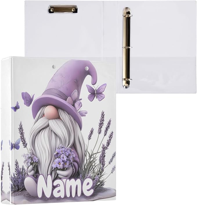 Custom 3 Ring Binder Gnome Purple Lavender Butterflies 1.5" Round Ring Binders Personalized Name View Binder with 200 Sheet for Kids School Supplies Women Men Office, 1 Pack