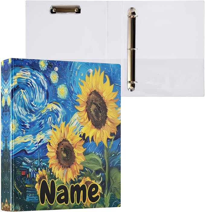 Custom 3 Ring Binder Sunflowers Starry Sky Night 1.5" Round Ring Binders Personalized Name View Binder with 200 Sheet for Kids School Supplies Women Men Office, 1 Pack