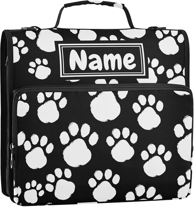 Custom White Black Paws Print 3 Ring Binder Bag 1.5 inch Personalized Name Binder Organizer 500 Sheet Documents Storage for School Office