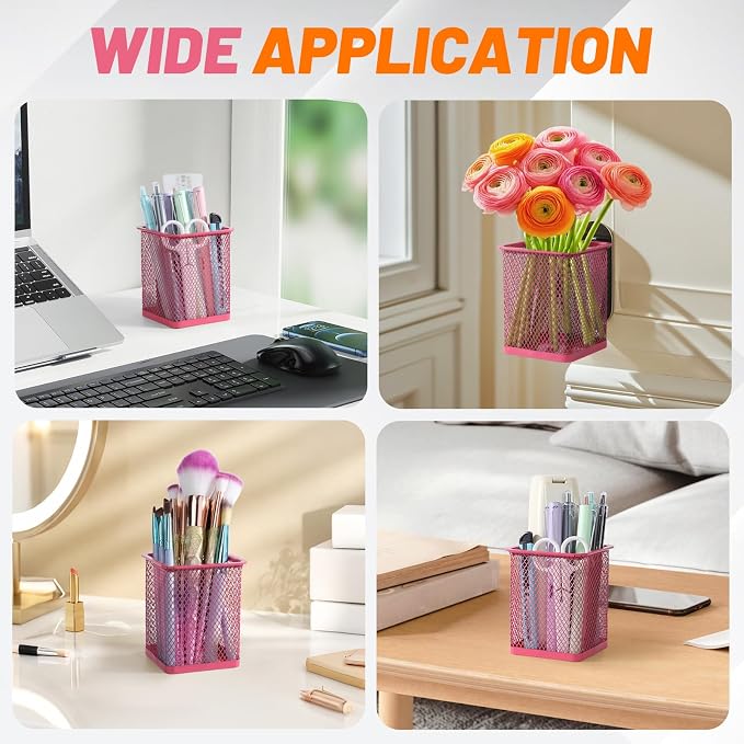 Segarty Pen Cup, 6 Pack Square Dark Pink Pen Holder for Desk, Multifuntional Mesh Pencil Cups Containers for Marker, Office Supplies, School Students, Home, Desktop Accessories Storage Organizer