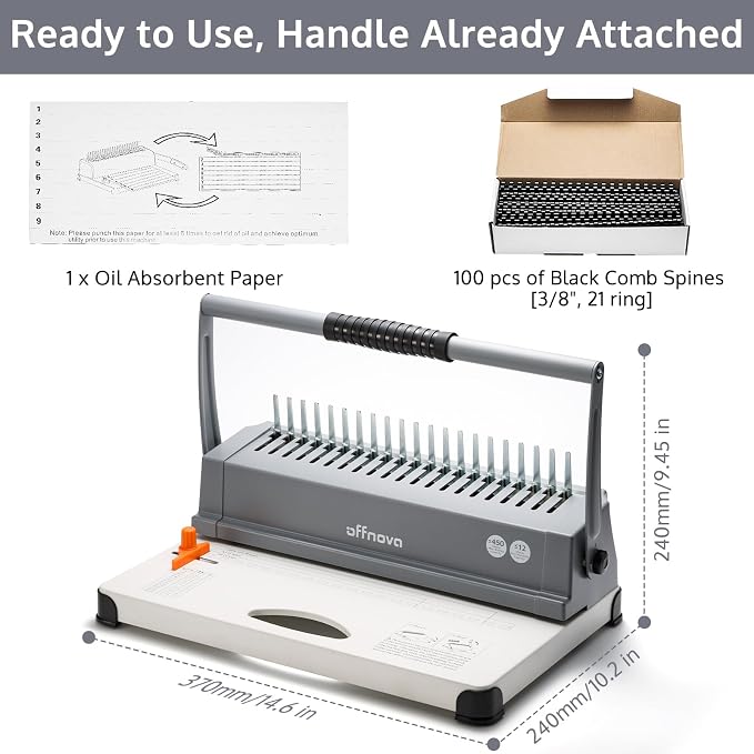 OFFNOVA Binding Machine, 21-Hole 450 Sheets Paper Comb Binding Machine for Letter Size / A4 / A5 Paper, Easy to Punch Handle, Adjustable Margin, Book Binder with 100 PCS 3/8'' Comb Binding Spines