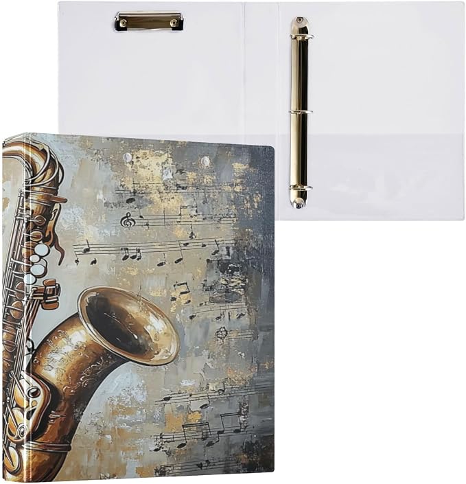 Vintage Saxophone 3 Round Ring Binders Musical Notes | 1.5 Inch Binder with Clipboard, PVC Pockets, Work Organizer, Holds 200 Sheets for School Office 1 Pack