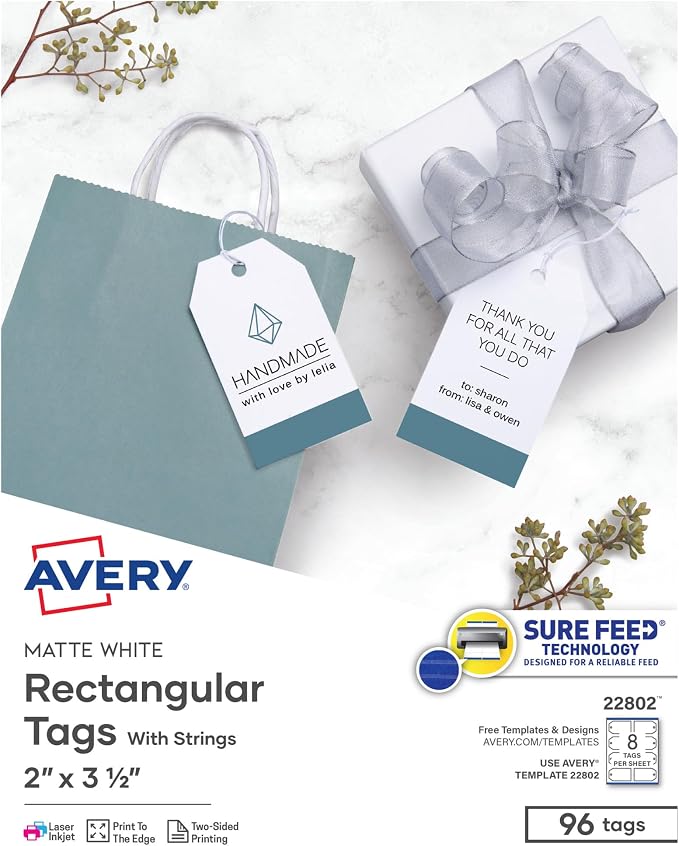 Avery Blank Printable Tags, Sure Feed Technology, 2" x 3.5", White, 96 Customizable Tags with String, Great for Branding, Gift Tags, Price Tags, and More (22802)