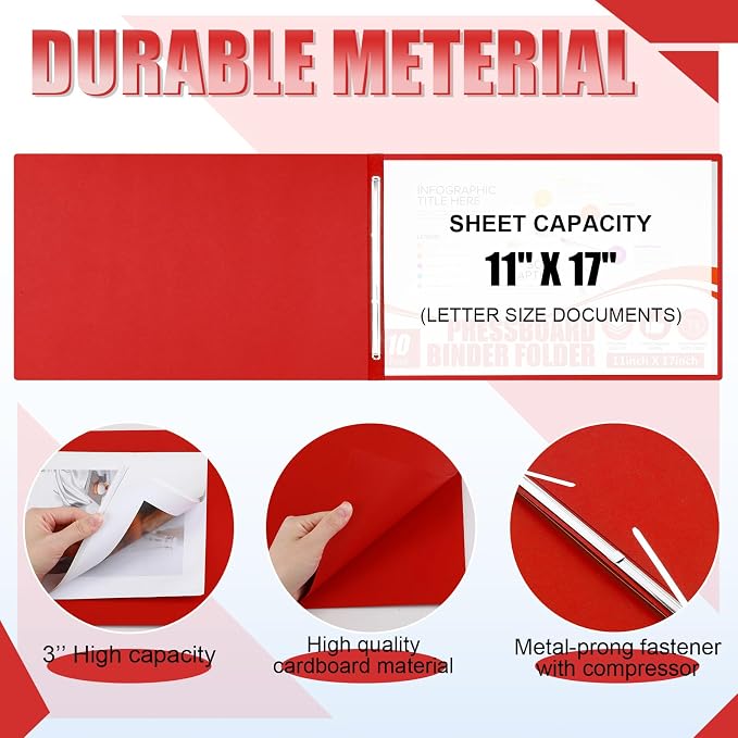 Resurhang 10 Pcs 11x17 Inch Pressboard Report Cover, 3" Capacity Presentation Binder Folder with Metal Prong Paper Fastener to Neatly Bind Reports Proposals Transcripts, Other Documents (Red)