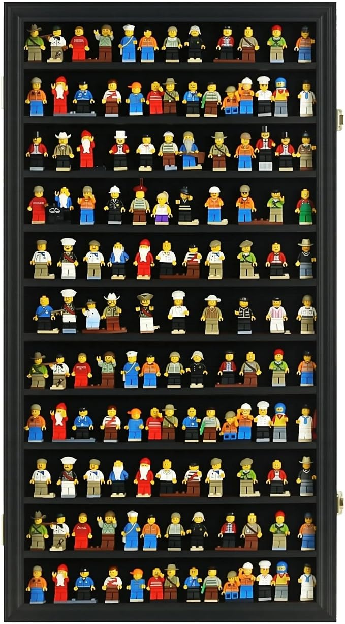 DisplayGifts Building Block Toy Minifigures Miniatures Thimble Display Case Wall Cabinet Standing Plates Included, 2.25" Shelf Height UV Protection Door Black Finish Frame