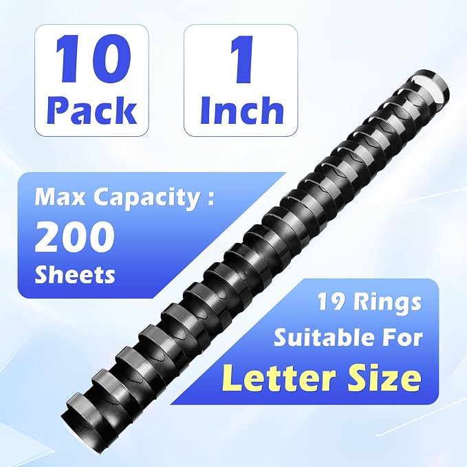 TOTiyea 10 Pack 1" 19 Ring Plastic Binding Combs,200-Sheet Letter Size | Binding combs,combind spines,Black,8.5"x11",For educators custom teaching References,classroom organization,work supplies