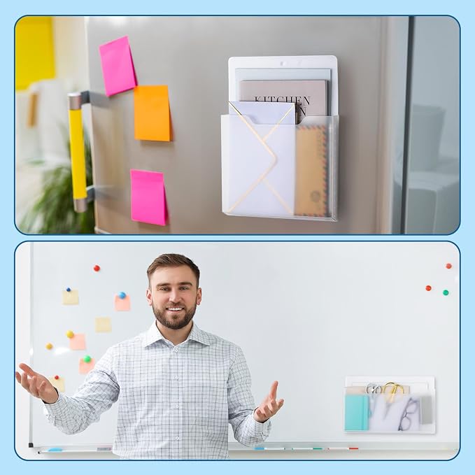 Feifeiya 2 Pcs Magnetic File Folder Wall Hanging Holder Large Pocket Paper Magazine Mail Organizer for Refrigerator Classroom Locker Whiteboard(Mixed,Clear,13.8 x 8.3 Inches,12.2 x 9.4 Inches)