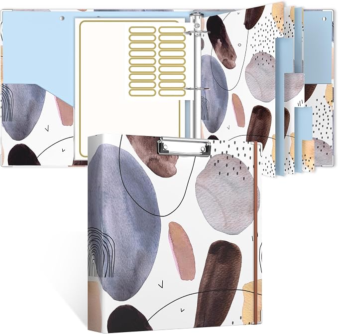 Rouidr 3 Ring Binder, 2 Inch Round Ring Binder Organizer with Clipboard, 5 Dividers Tabs, A4 8.5 x 11 Inch Paper & Clear Sleeves for School, Office Supplies, Minimalist Art