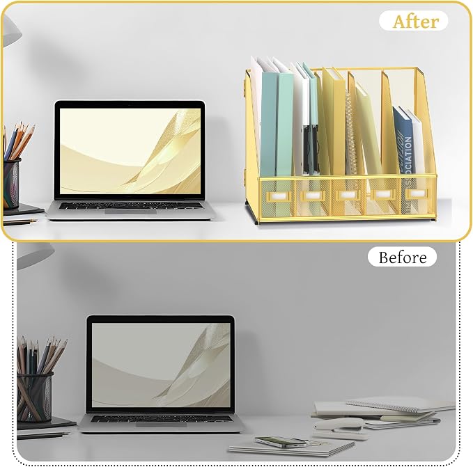 Desk Organizers Metal Desk Magazine File Holder with 5 Vertical Compartments Rack File Organizer for Office Desktop, Classroom, Home Workspace, Gold
