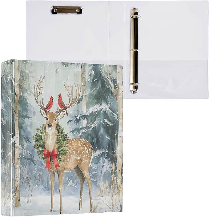 Winter Deer with Xmas Wreath Bird 3 Ring Binder 1.5" Decorative D-Ring Binder with Clipboard&3 Clear Pockets, Holds 200 Sheets A4 Size Paper Waterproof Binders for School Home Office