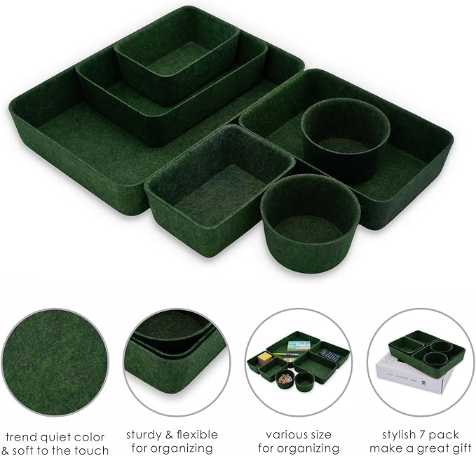 Felt Desk Drawer Organizer Tray 7pc Storage Bin Minimal Forest Green