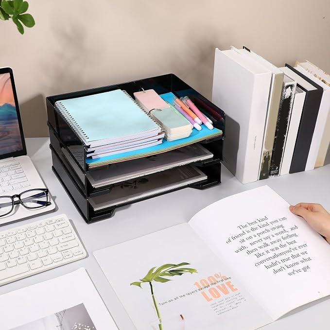 DoubleFill 4 Pcs Stackable Letter Tray Rectangular Plastic Desk Organizer 13 x 9.5 x 2.6 in Paper Holder File Tray Accessories Rack for Desktop Office Desk Drawers (Black)