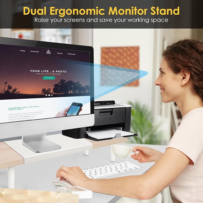 Across-Star Dual-Monitor-Stand-Riser-For-Desk Adjustable Length 32-40 Inch，Large Desktop Computer Monitor Riser For 2 Screens，Desk Shelf Organizer Riser Stand For Computer/Laptop/PC/Printer/TV Black
