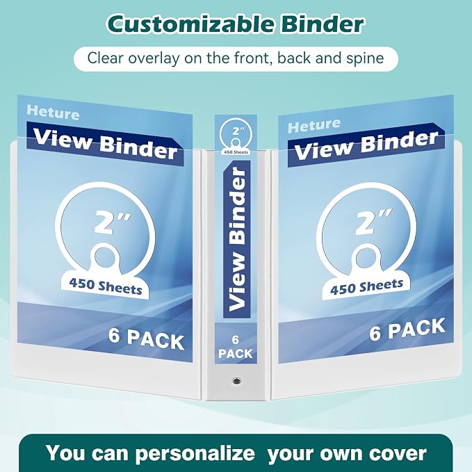 Heture 3 Ring Binder 2 Inch 6 Pack,2" Clear View with Round Rings, PVC-Free,Holds for 450 Sheets 8.5X 11 US Letter Size Paper, Durable White Binders Perfect for Office,School and Home