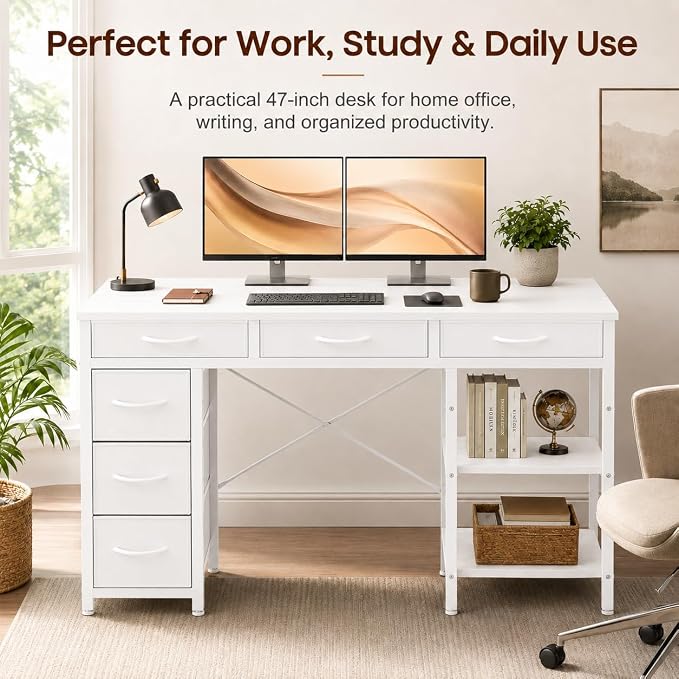 Simple Deluxe Computer Desk with 6 Drawers, 47 Inch Office Workstation with Storage Shelves, Reversible Corner Gaming Table, Home Office Study Desk with Fabric Organizer, White