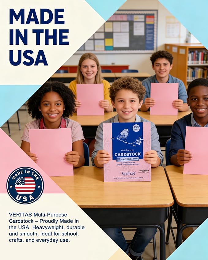 Veritas Pink Colored Cardstock, 8.5" x 11" Colored Copy paper, 110LB/199GSM Printer Paper, 100 Sheets, Colored Multi-Purpose Pink Paper, Made in USA