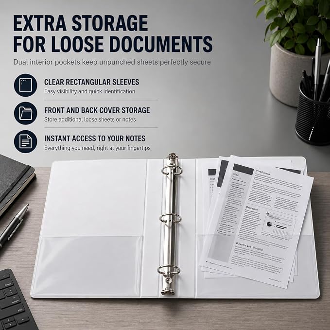 3 Ring Binders, 6 Inch D Ring Heavy Duty Large Binder with Pockets for 8.5" x 11" Sheet Size, Durable Non-Stick Customizable Clear View Cover (White)