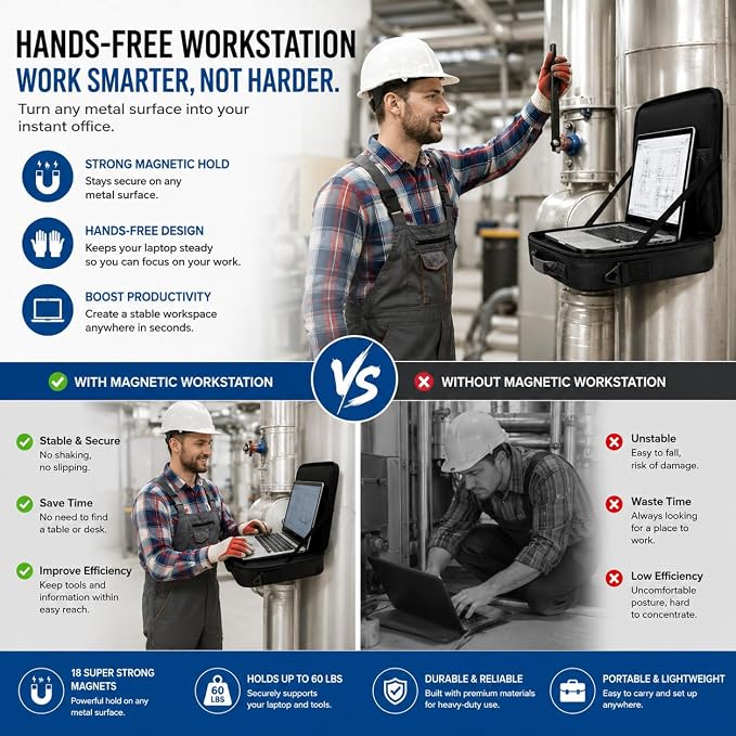 Magnetic Portable Laptop Stand for Technicians, 18-Magnet Hands-Free Workstation, Rated to 60 lbs Magnetic Toolbox, Heavy-Duty Laptop Stand & Tool Organizer, Attach to Trucks, HVAC, Walls, Engineers
