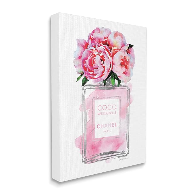 Stupell Industries Glam Perfume Bottle V2 Flower Silver Pink Peony Stretched Canvas Wall Art, Proudly Made in USA | Stupell Industries | 16 x 20 Inches, Easy to Hang and Sturdy, Made in USA, by Amanda Greenwood