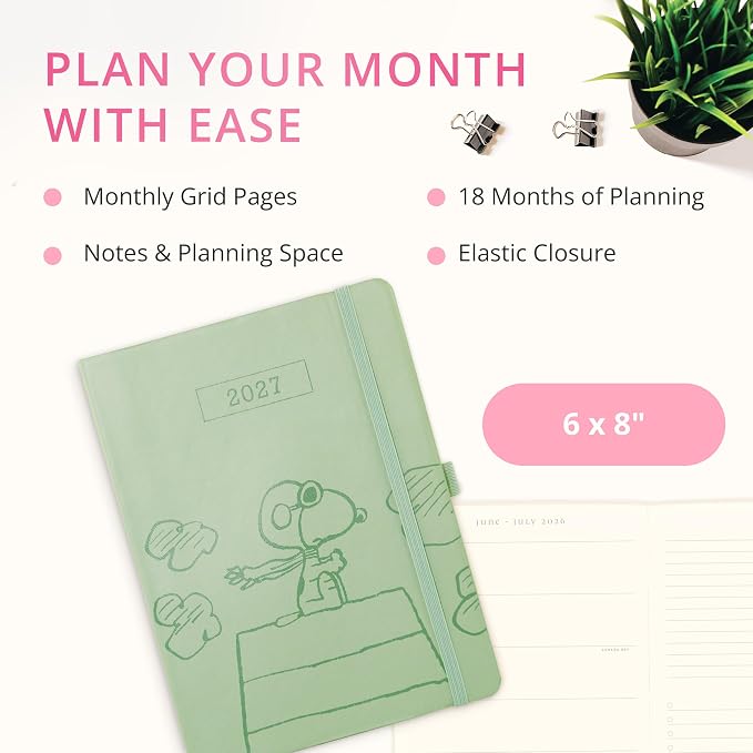 Graphique Peanuts 18 Month Planner, July 2026 – Dec. 2027, Hardbound Vegan Leather Planner with Monthly Tabs, Holidays & Reminder Stickers, 6” x 8”