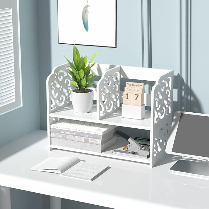 TY ARTS & CULTURE Vintage Hollow White Desktop Organizer Desk Storage Rack | desk storage rack, home office desktop shelf, tabletop furniture for desk, decorative desk organizer