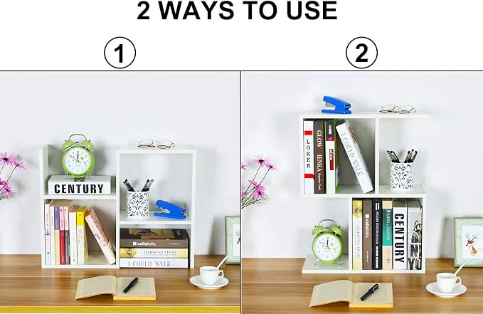 Desktop Shelf Freestanding Wooden Small Bookshelf Desk Supplies Organizers and Accessories Storage Display Rack Office Dorm Decor for Women, White