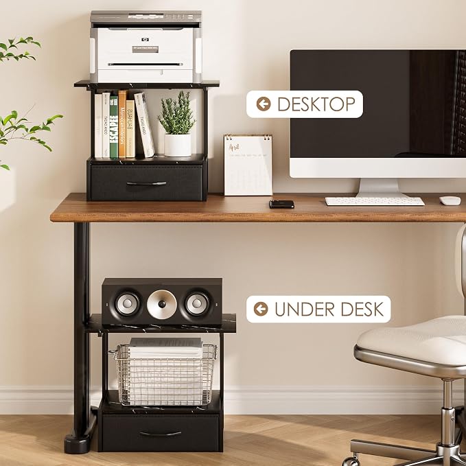 Masupu Printer Stand for Desk, Printer Table with Fabric Storage Drawer, 2 Tier Desktop Shelf, Multi-Purpose Desk Organizer for Home Office, 3D Printer, Fax Machine, Scanner, Marble Black
