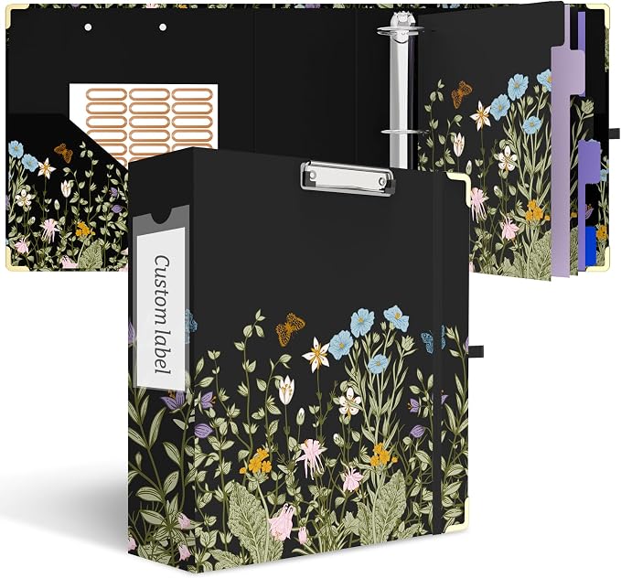 3 Ring Binder 3 Inch, Cute Round Ring Binder with 6 Tab Dividers & Label Stickers, Low Profile Clipboard with Storage, Fashion Binder for School Office Supplies (Wild Flowers)