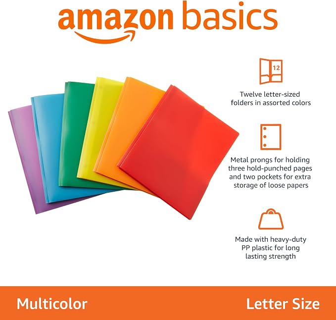 Amazon Basics Heavy Duty Plastic Folders with 2 Pockets for Documents, Letter Size Paper, School Supplies Organization, Assorted Colors, Pack of 12