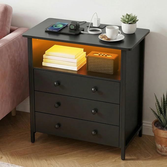 27 Inch LED Nightstand with Charging Station & 3 Drawers, Retro | RGB App Control, 2 AC Outlets & 2 USB Ports, Open Storage, Adjustable Feet, Wood Tall Nightstand for Bedroom or Office