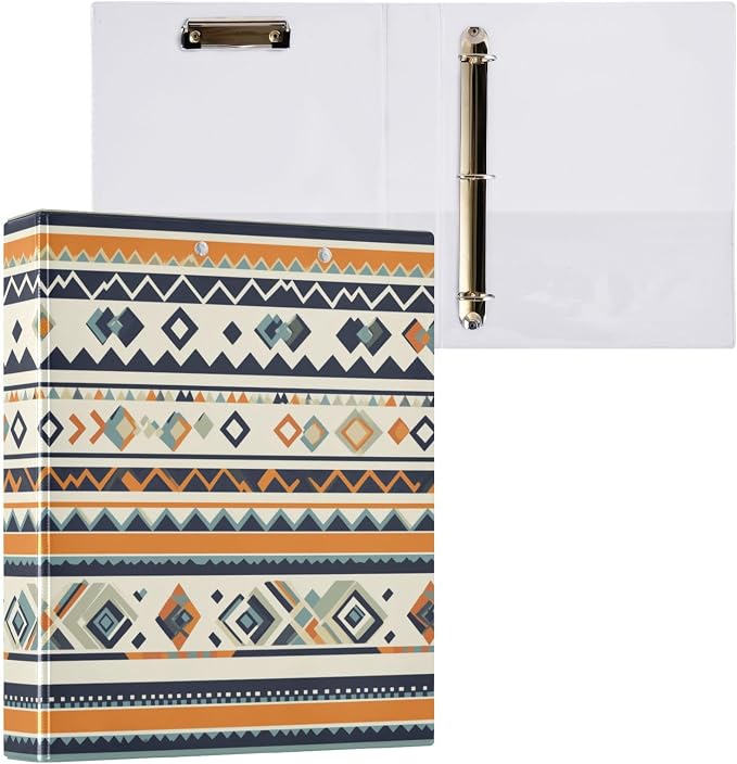 Aztec Navajo Hard Cover Ring Binder 1.5 Inch 3 Ring, Printed Ring Binder with Metal Non-Slip Clip Clear Pocket Water Resistant Round Ring Binders for Recipe Budget Office