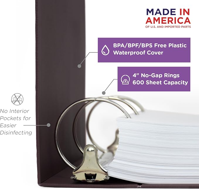 Carstens 4-Inch Heavy Duty 3-Ring Binder - Side Opening, Plum, Durable Plastic, Precision No-Gap Rings, Waterproof Cover, No Pockets, Holds 600 Letter Sheets, BPA-Free Made in USA (1841-3R)