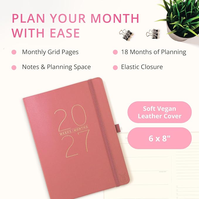 Graphique Apollo Mauve 18 Month Planner, July 2026 – Dec. 2027, Hardbound Vegan Leather Planner with Monthly Tabs, Holidays & Reminder Stickers, 8” x 10”