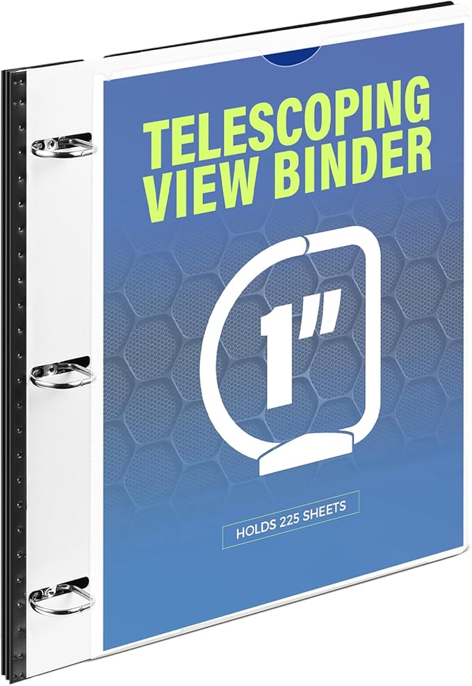 WOT I 1 Inch Telescoping 3 Ring Binder, Expandable Flexible Binder with Customizable Front Cover & Clear Catalog Pocket, Holds 225 Sheets, School Office Supplies, White