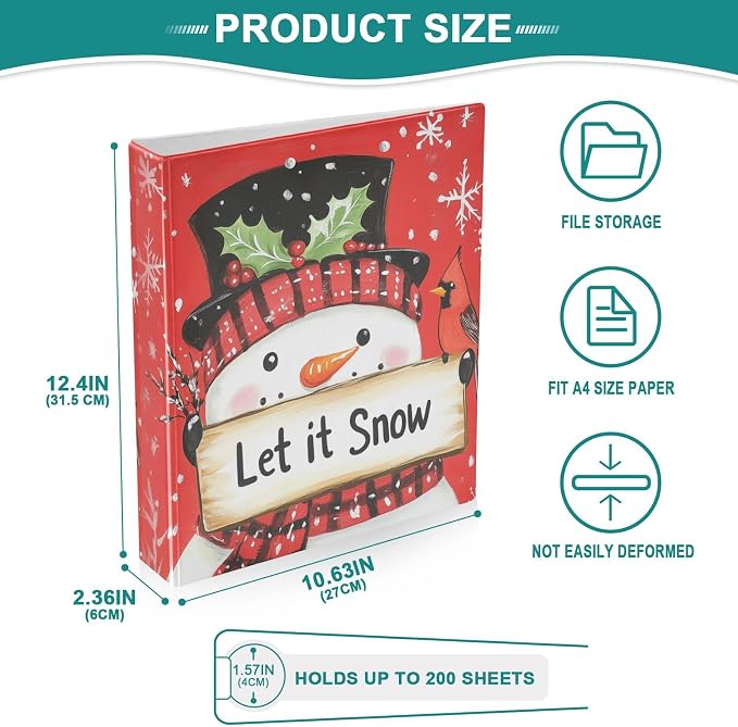 Funny Red Christmas Snowman Bird 3 Ring Binder 1.5" Decorative D-Ring Binder with Clipboard&3 Clear Pockets, Holds 200 Sheets A4 Size Paper Waterproof Binders for School Home Office