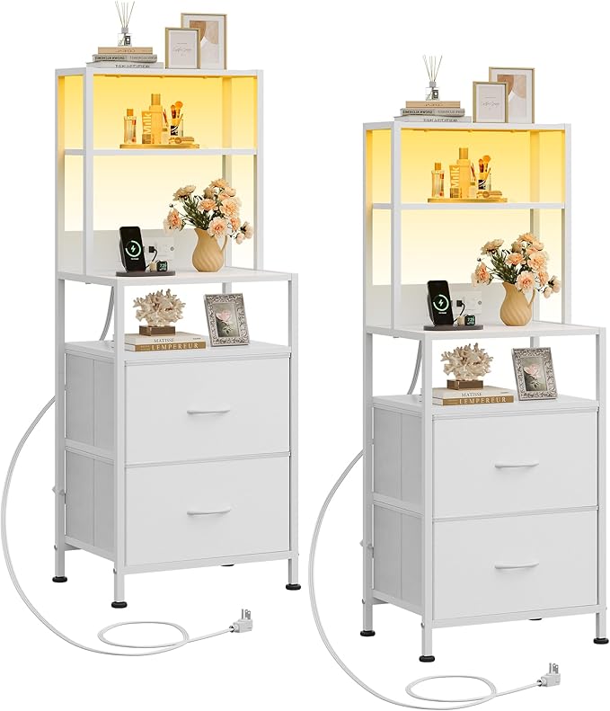 WLIVE Nightstand Set of 2 with Charging Station, LED Night Stands with 2 Fabric Drawers and 4 Storage Open Shelves, Bedside Table for Bedroom, White