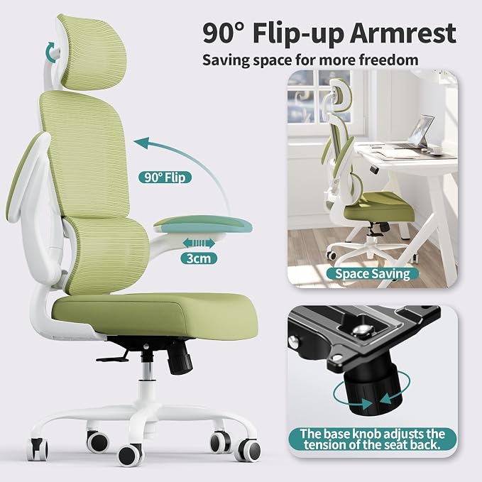TRALT Office Chair Ergonomic Desk Chair - Gaming Chair with Lumbar Support | 330 LBS Home Office Desk Chairs with Headrest, Reading Chair with Flip-up Armrests, Comfortable Computer Chairs (1, Green)