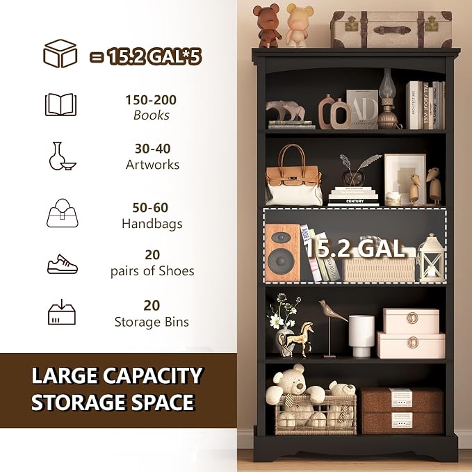 TVU 5-Tier Wooden Bookshelf, 31.5" W x 65" H ×9.9" D Bookshelf with Storage, Floor Standing Modern Style Display Bookcase for Living Room, Office, Study Room, Entryway, Black