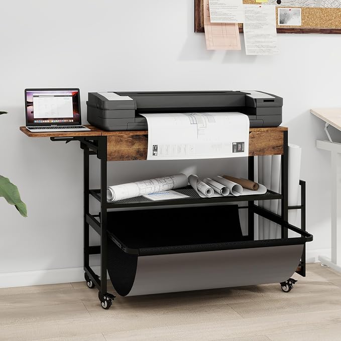 Natwind Wide Format Printer Stand,Plotter Table with Laptop Station,Retro | Plotter/Cutting Machines Stand, with Pull-out Drafting Collection,Roll Paper Holder,Accessory Drawer & Adjustable Shelf