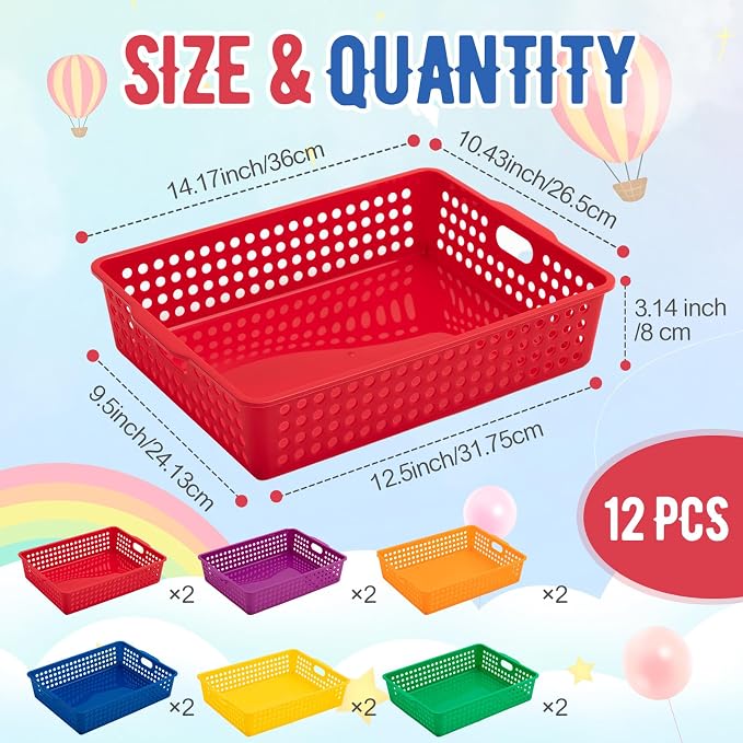 Geetery 12 Pack Classroom Storage Baskets with Handle,Rainbow Color | 14''x10'' Paper Tray Holds A4 Turn in Trays Plastic Paper Baskets Desk Organizer Bin for Classroom, Library, Office, Home